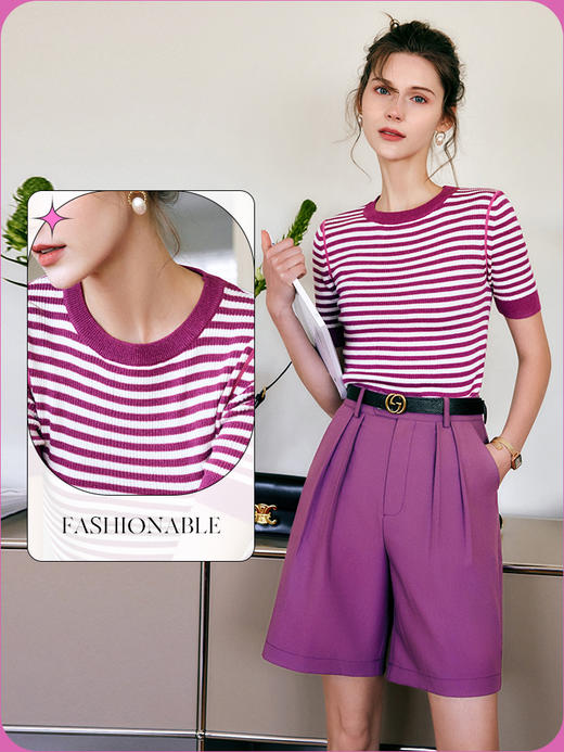 欧芮儿条纹套头针织衫女夏季2022年新款修身显瘦薄款撞色圆领上衣 商品图1