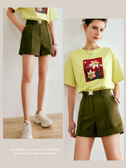 欧芮儿短款休闲裤女夏季2022年新款高腰时尚直筒阔腿翻边西装裤子 商品图3