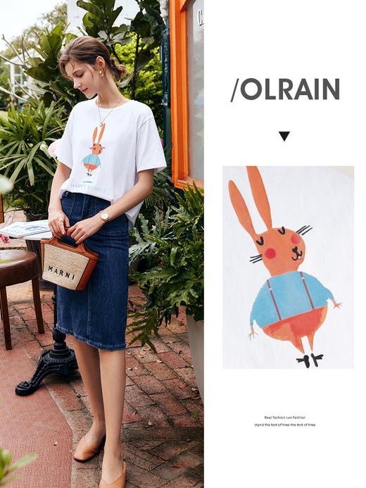 欧芮儿白色短袖t恤女夏季2022新款宽松显瘦时尚兔子印花圆领上衣 商品图1