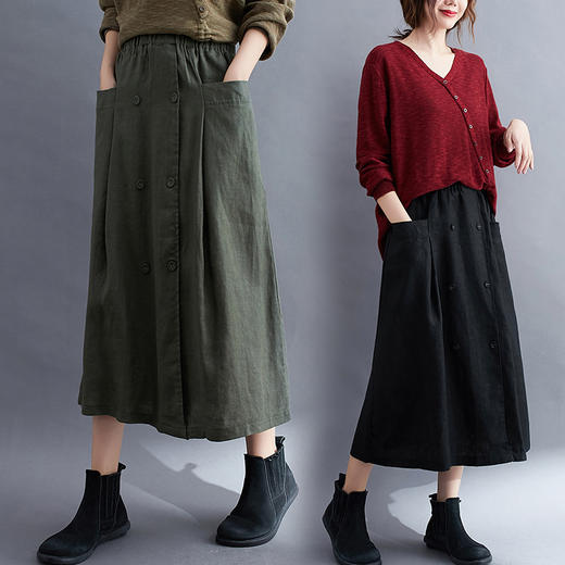 GYH 6012棉麻半身裙休闲宽松高腰纯色显瘦中长款裙 商品图2