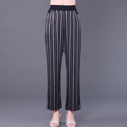 桑蚕丝竖条纹阔腿裤，新款薄款高腰直筒真丝垂感宽松裤子KQN-75623 商品图1