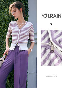 欧芮儿条纹针织开衫女夏季2022年新款时尚复古拉链冰爽丝V领上衣