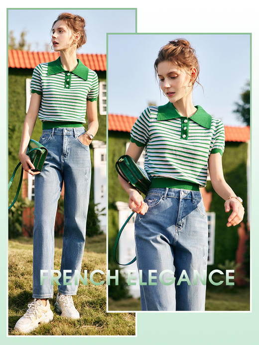 OLrain法式高级穿搭POLO领条纹针织衫女夏季2022新款修身薄款上衣 商品图0