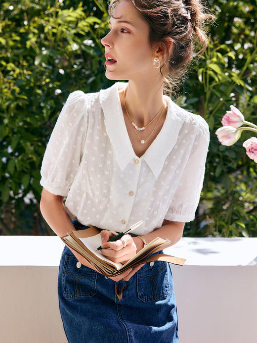 欧芮儿OLrain法式白色波点欧芮儿短袖衬衫女夏季2022气质复古衬衣undefined 商品图2