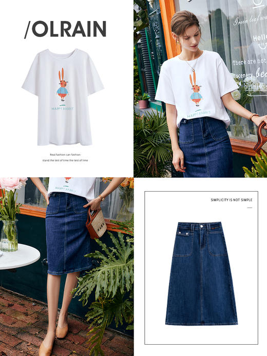 欧芮儿白色短袖t恤女夏季2022新款宽松显瘦时尚兔子印花圆领上衣 商品图0