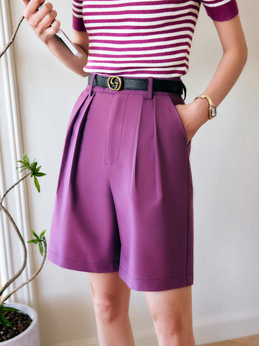 欧芮儿OLrain法式紫色休闲裤女夏季2022年新款气质阔腿西装短裤 商品图3