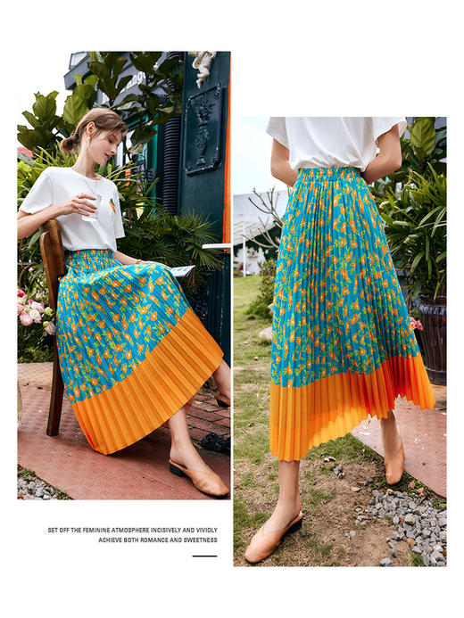 欧芮儿碎花半身裙女夏季2022年新款高腰法式撞色百褶薄款大摆伞裙 商品图1