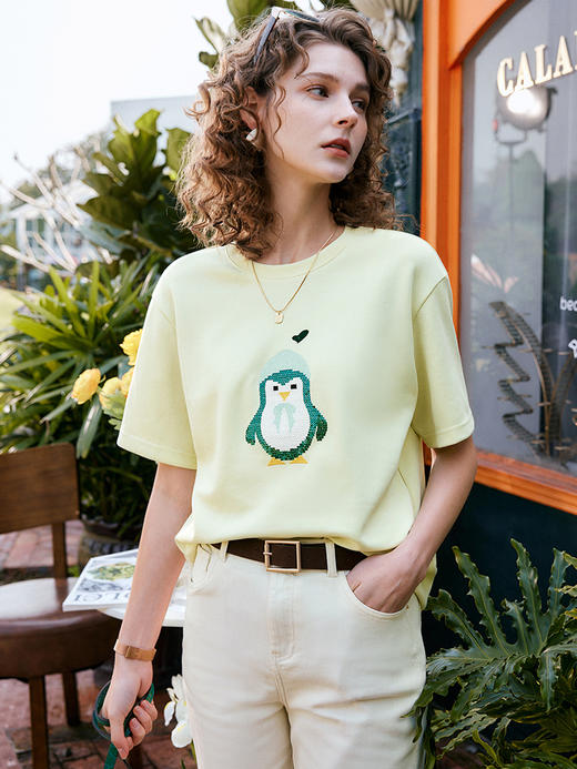 欧芮儿OLrain法式短袖t恤女夏季2022年新款刺绣落肩袖针织上衣 商品图3