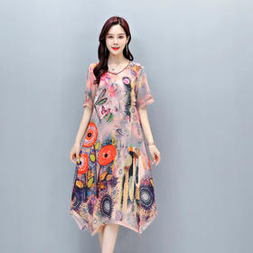宽松舒适，长款复古套头大摆型印花真丝连衣裙MFE82132