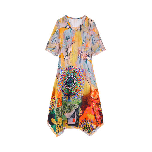 宽松舒适，长款复古套头大摆型印花真丝连衣裙MFE82132 商品图5