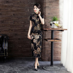 WX-1801春夏新款旗袍 中国风桑蚕丝短袖真丝长款旗袍礼服 女士唐装