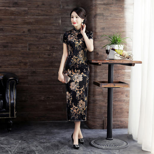 WX-1801春夏新款旗袍 中国风桑蚕丝短袖真丝长款旗袍礼服 女士唐装 商品图0