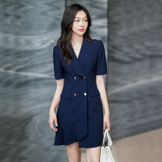 藏青色职业连衣裙女夏季短袖气质正装通勤工作服售楼部裙子 商品图2