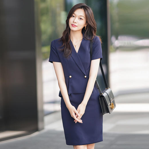藏青色职业连衣裙女夏季新款设计感气质收腰显瘦短袖西装裙 商品图0