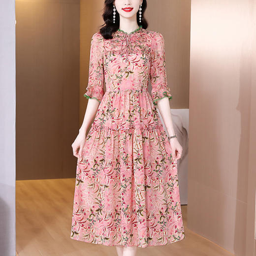 AHMnrg5562  2022夏季新款桑蚕丝时尚气质奢华蕾丝阔太太法式碎花显瘦连衣裙 商品图1