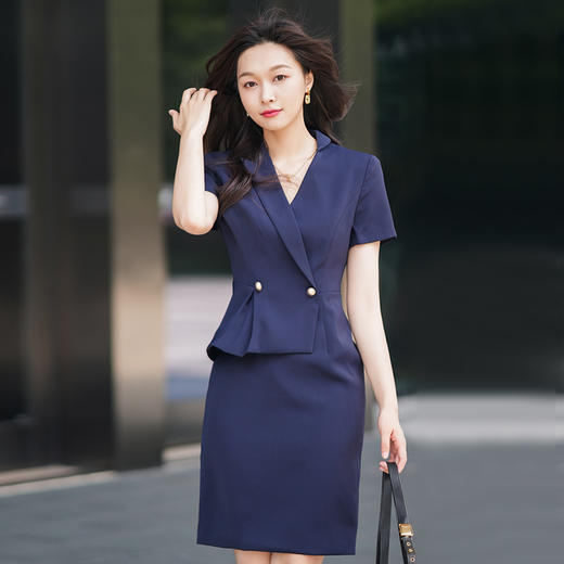 藏青色职业连衣裙女夏季新款设计感气质收腰显瘦短袖西装裙 商品图1