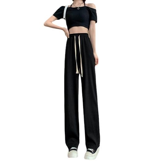 黑色冰丝运动阔腿裤女高腰垂感春夏 新款透气宽松直筒休闲裤 商品图4