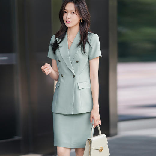 绿色短袖西装套装女夏季新款通勤工作服女时尚气质职业套裙 商品图2