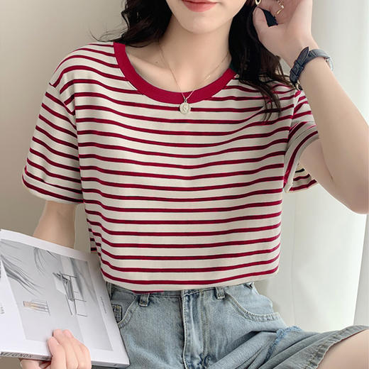 【拉夏贝尔同厂】落日&鲸 条纹t恤女短袖宽松显瘦2022年夏新款打底女体恤休闲半袖 商品图8