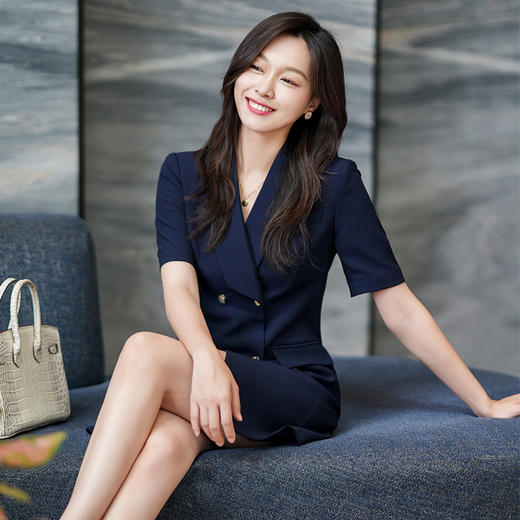 藏青色职业连衣裙女夏季短袖气质正装通勤工作服售楼部裙子 商品图3