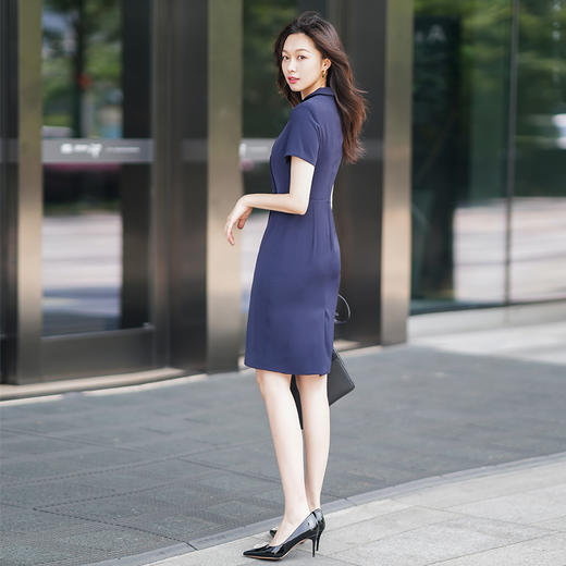 藏青色职业连衣裙女夏季新款设计感气质收腰显瘦短袖西装裙 商品图2