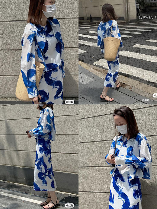 HIDEMI 度假系列自由之地蓝色手绘印花四件套 短衬衫/背心/半身裙/丝巾 商品图2