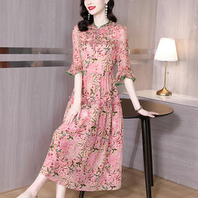 AHMnrg5562  2022夏季新款桑蚕丝时尚气质奢华蕾丝阔太太法式碎花显瘦连衣裙