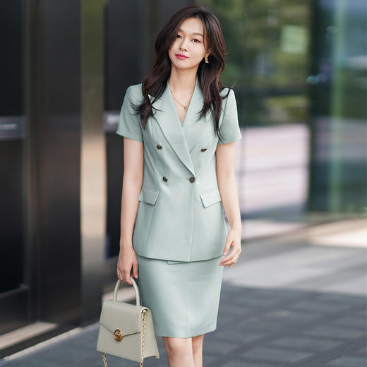 绿色短袖西装套装女夏季新款通勤工作服女时尚气质职业套裙 商品图0