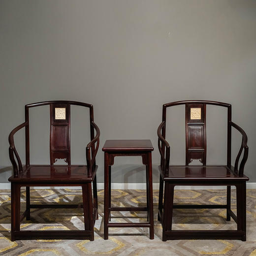 紫檀云龙纹高扶手南官帽椅成套（两椅一几） 商品图0