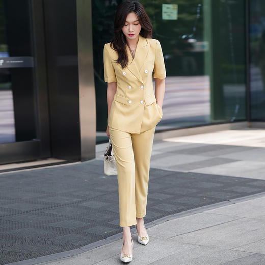 黄色西装套装女夏季薄款时尚双排扣高级感职业装气质女神范 商品图1