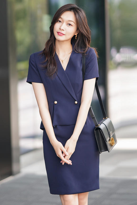 藏青色职业连衣裙女夏季新款设计感气质收腰显瘦短袖西装裙 商品图5