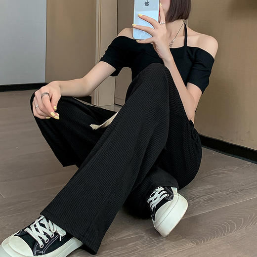 黑色冰丝运动阔腿裤女高腰垂感春夏 新款透气宽松直筒休闲裤 商品图1