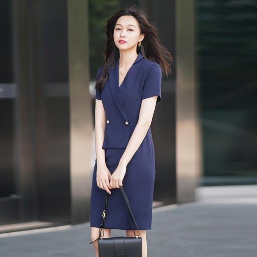 藏青色职业连衣裙女夏季新款设计感气质收腰显瘦短袖西装裙 商品图3