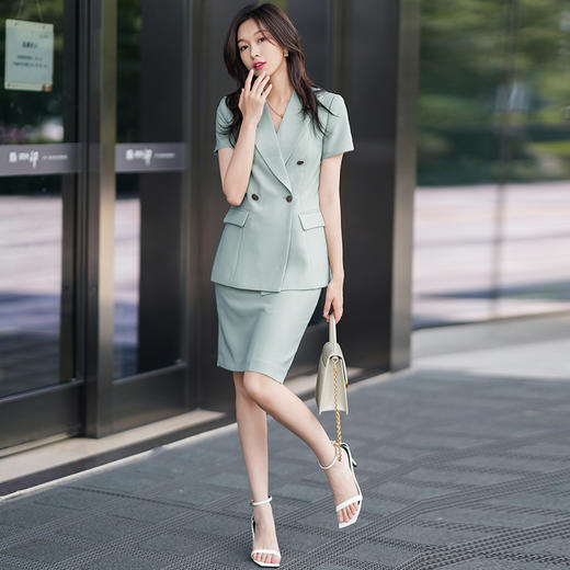 绿色短袖西装套装女夏季新款通勤工作服女时尚气质职业套裙 商品图3