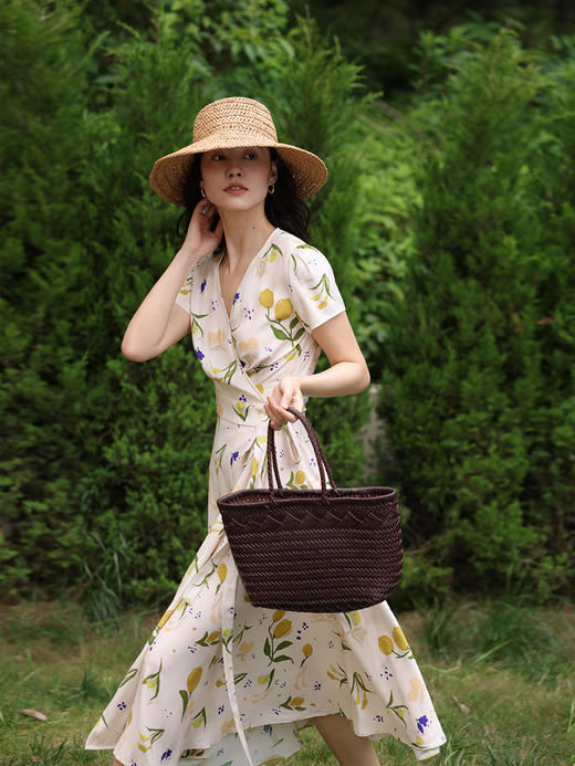 HeyDress原创柠檬碎花裹身连衣裙女夏季法式V领高腰气质茶歇裙子 商品图0