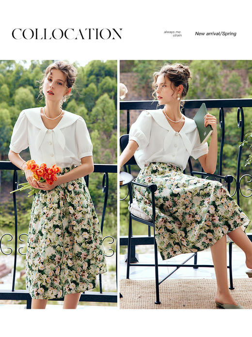 欧芮儿OLrain法式碎花半身裙女夏季2022新款高腰设计感a字中长裙 商品图3