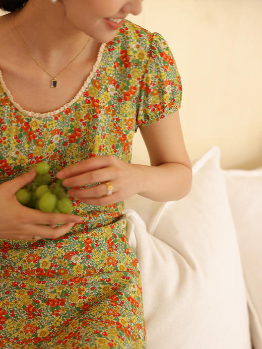 HeyDress法式复古碎花连衣裙女夏季高腰显瘦U领蕾丝边气质裙子 商品图4