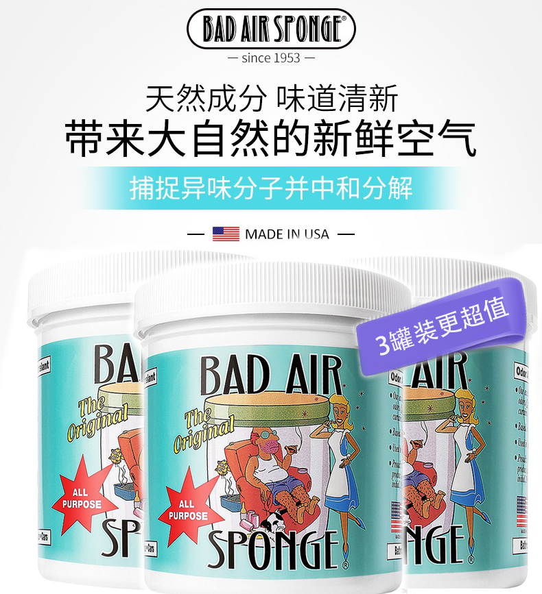 【3罐装更划算】美国进口 Bad Air Sponge 甲醛清除剂空气净化剂新房新 400g/罐 孕妈适用 甲醛装修异味（一般贸易）