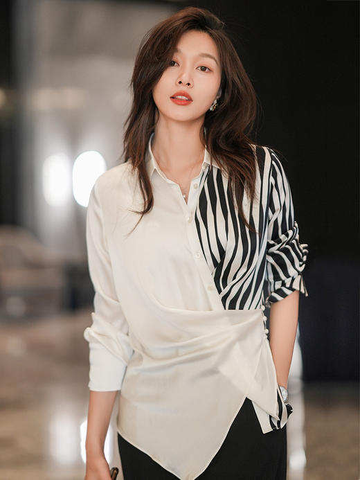 法式白色斑马纹衬衫女夏季薄款设计感长袖衬衣2022新款上衣 商品图1
