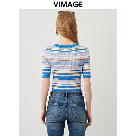 VIMAGE/纬漫纪新品撞色条纹显瘦上衣VC2201002 商品图4