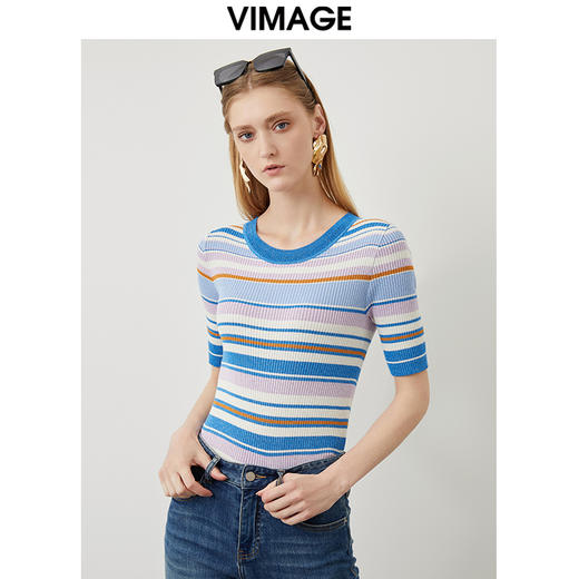 VIMAGE/纬漫纪新品撞色条纹显瘦上衣VC2201002 商品图1
