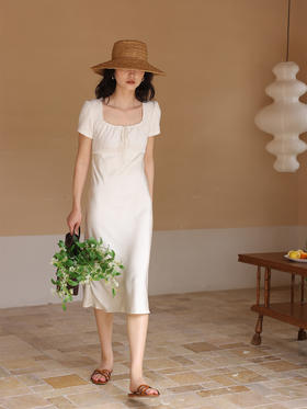 HeyDress方领连衣裙女夏季拼接设计感缎面白色气质小众裙子