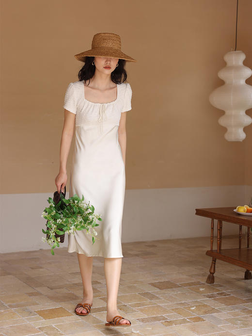 HeyDress方领连衣裙女夏季拼接设计感缎面白色气质小众裙子 商品图0