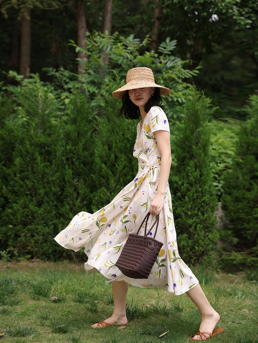 HeyDress原创柠檬碎花裹身连衣裙女夏季法式V领高腰气质茶歇裙子 商品图2