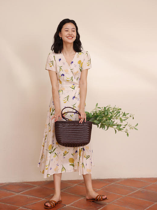HeyDress原创柠檬碎花裹身连衣裙女夏季法式V领高腰气质茶歇裙子 商品图4