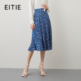 EITIE爱特爱秋季新款气质复古蓝色底调碎花A字高腰显瘦半身裙C2206012