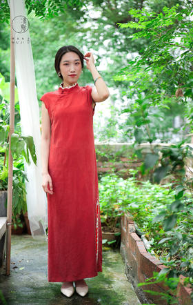 铜氨丝【石榴裙】荷叶边无袖旗袍