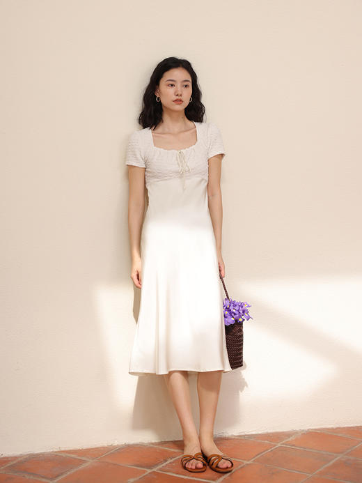 HeyDress方领连衣裙女夏季拼接设计感缎面白色气质小众裙子 商品图2