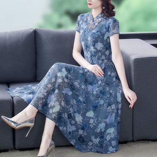 HZ3256 中年妈妈真丝连衣裙女夏2022新款夏高端桑蚕丝香云纱显瘦印花裙子 商品图0