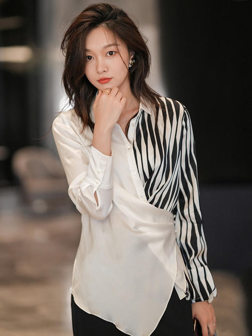 法式白色斑马纹衬衫女夏季薄款设计感长袖衬衣2022新款上衣 商品图3